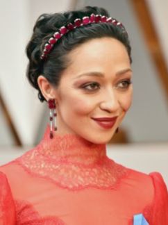 Ruth Negga donned a high fashion, Irene Neuwirth head piece, featuring Gemfields Mozambican rubies. She paired it with earrings of Gemfields Mozambican rubies and diamonds. Frazer Harrison, Getty Images